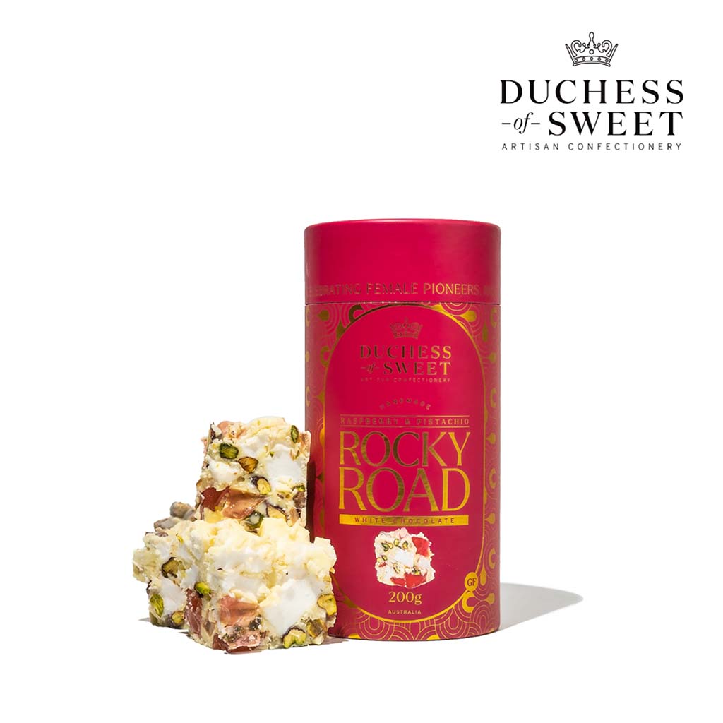 Duchess of Sweet Strawberry & Pistachio White Chocolate Rocky Road 200g Cylinder